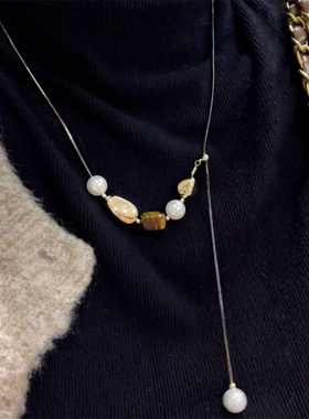 抽拉可调节珍珠拼接长款毛衣链