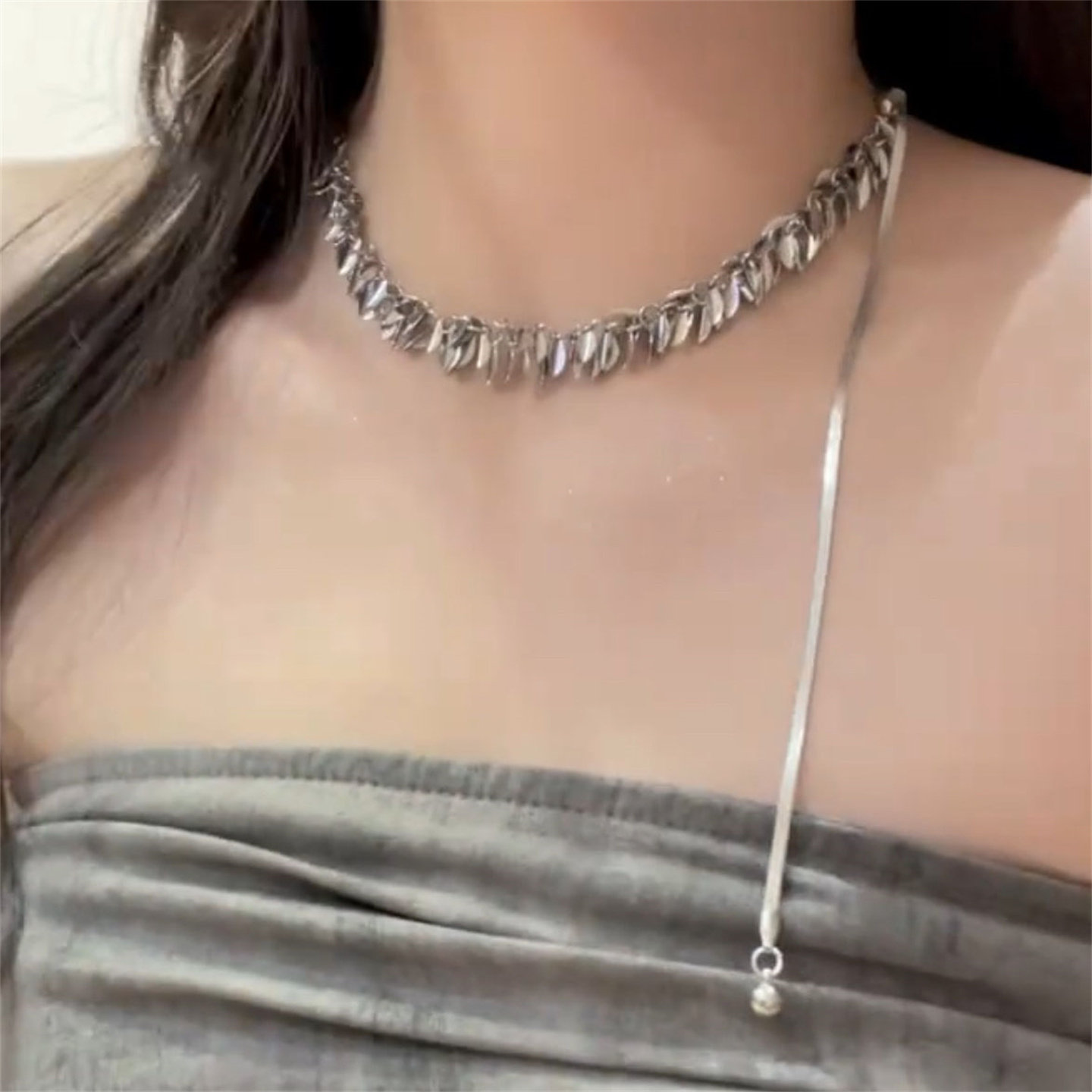 冷性风抽拉麦穗流苏项链小众轻奢高级锁骨链设计感个性独特脖颈链