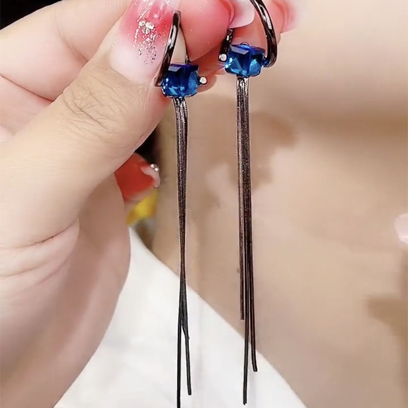 蓝水晶克拉流苏耳环女小众设计感