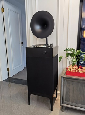 现代落地一体式黑胶唱片机黑色橙色喇叭蓝牙音响留声机样板房摆件