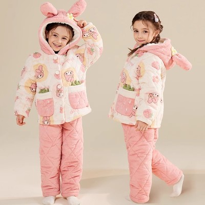 法兰绒卡通三层夹棉冬季女孩女童