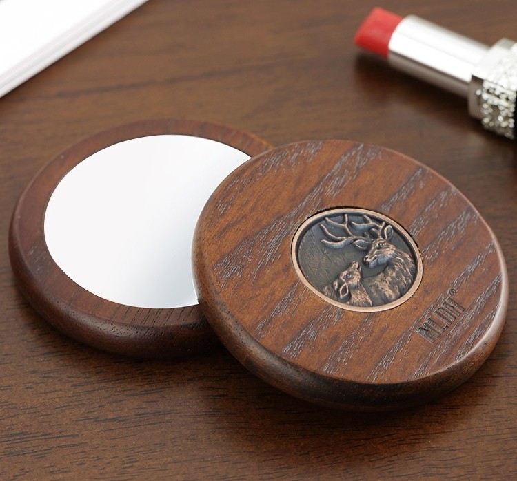 那澜多好实木雕花简约随身镜化妆镜高清便携梳妆镜圆形单面小圆镜