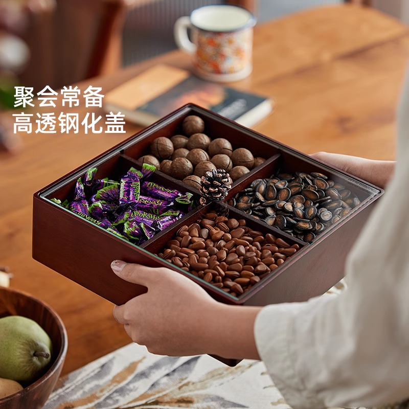 玻璃盖实木方形干果盒