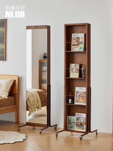 玄关书架镜子一体收纳中古风移动杂志架全身镜卧室客厅书架置物架