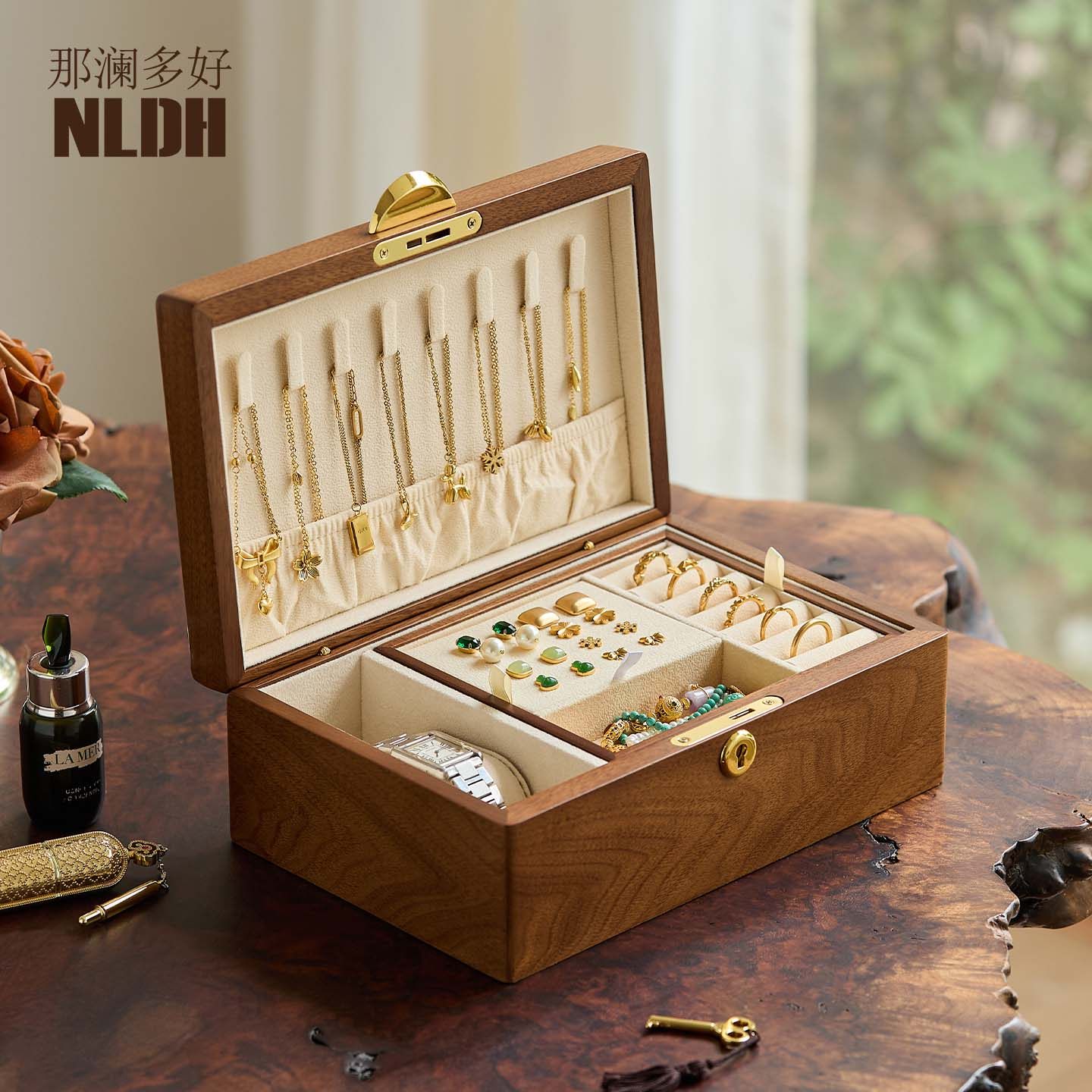 高档精致实木首饰盒耳环项链手串饰品盒黄金戒指带锁木质收纳盒