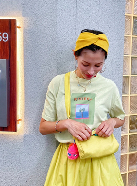 NI ATELIER原创小众设计师绿色海滨度假休闲浪漫复古图案印花T恤