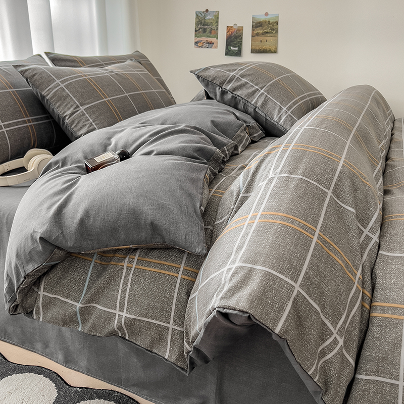 全棉四件套深麻灰色格子蓝黄白色条纹纯棉三件套单双人被套四季款