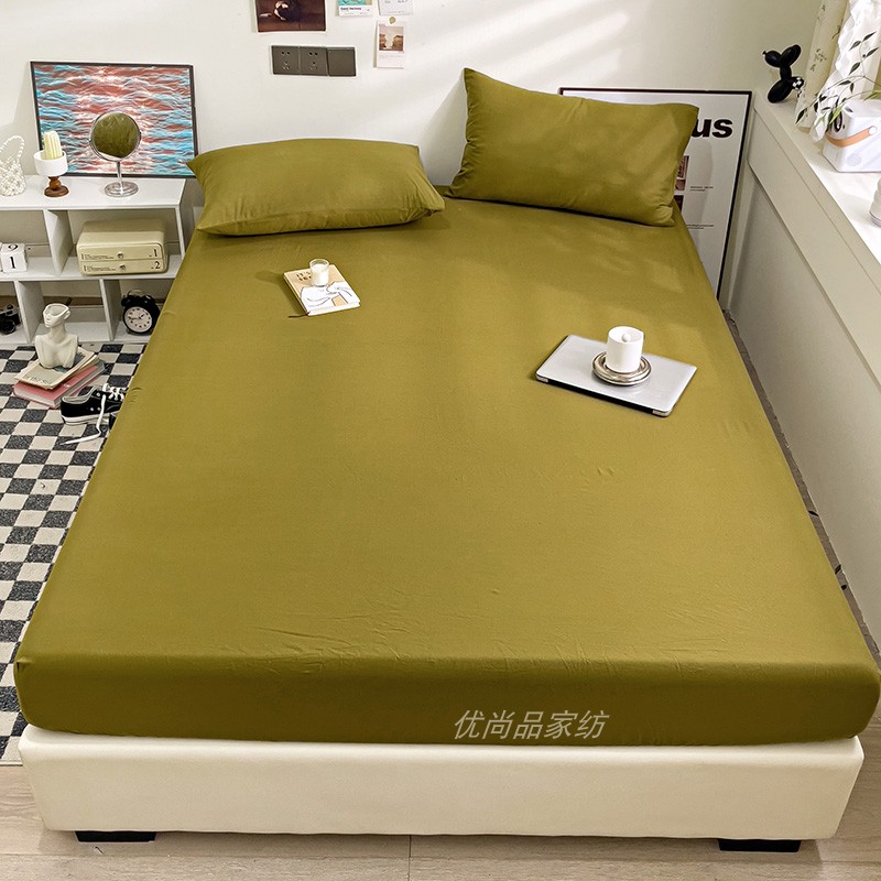水洗全棉床笠单件纯棉咸菜绿色床罩纯色床套1.2单人1.5m1.8米双人