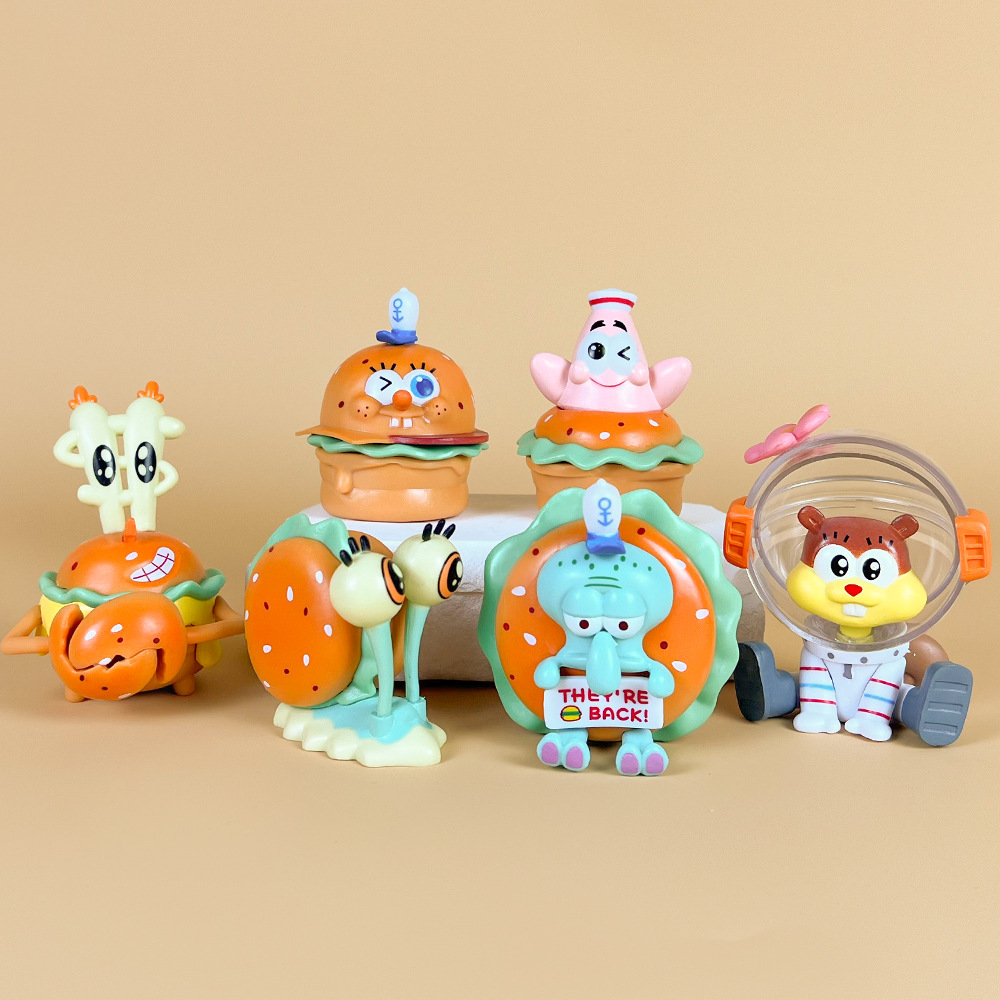 潮玩手办动漫6款美味蟹煲小海绵蟹堡派对宝宝卡通蛋糕摆件装饰