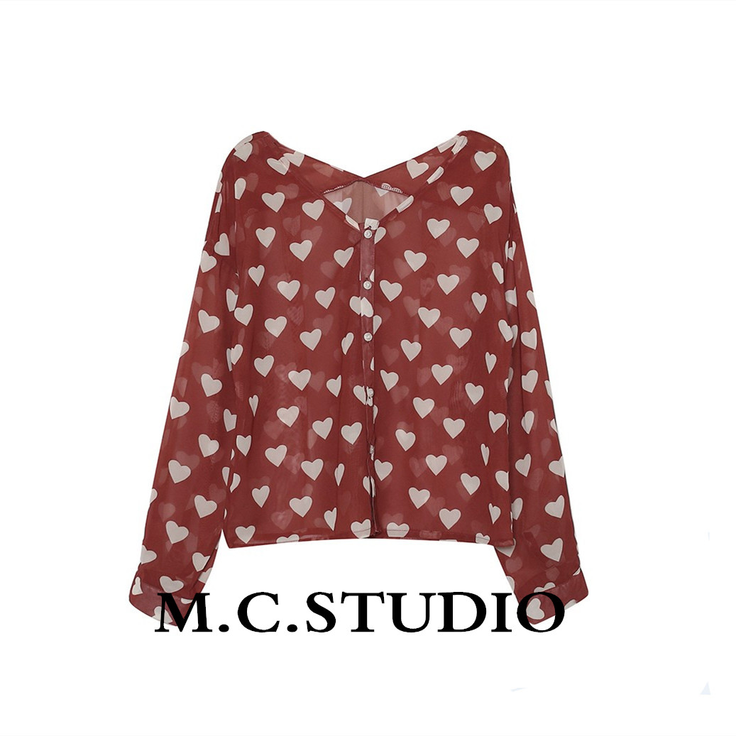 时差 爱心印花红色衬衫女V领上衣长袖2019新款春装雪纺衫衬衣薄款在类目 女装/女士精品, 衬衫中 - 来自Buy2taobao.com提供专业的淘宝代购服务