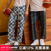 LUSHISI浑浊主题复古休闲抽绳满印格子户外直筒宽松百搭运动长裤