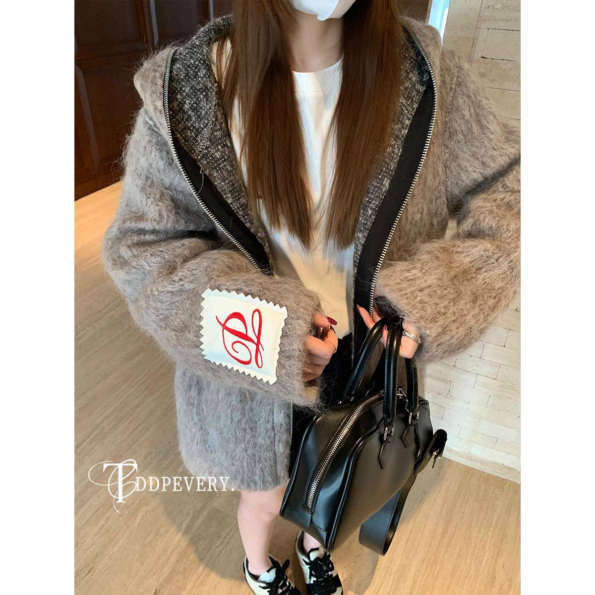 TDDP 拉链连帽棉羊绒毛呢外套女2024新款秋冬宽松气质高级感呢子