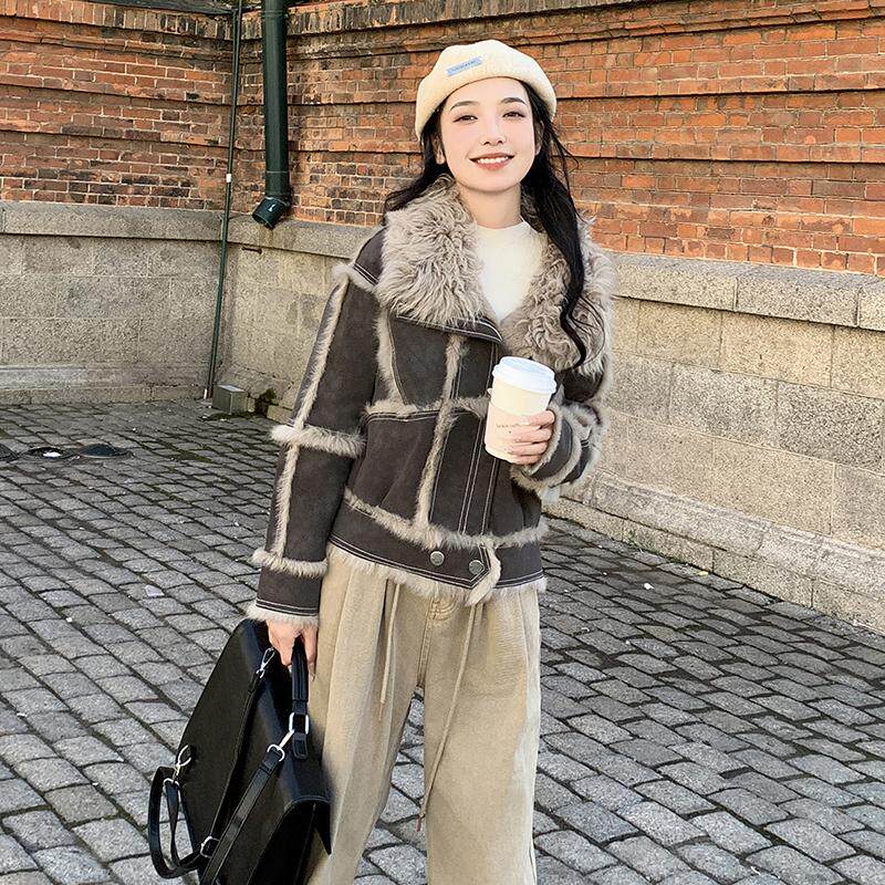 深灰色兔毛麂皮绒皮毛一体外套女2024冬季新款甜酷炸街机车风棉服