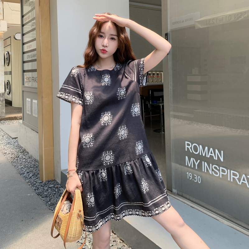 洋气减龄拼色印花短袖连衣裙女2025夏新款出街时髦范小个子中长裙