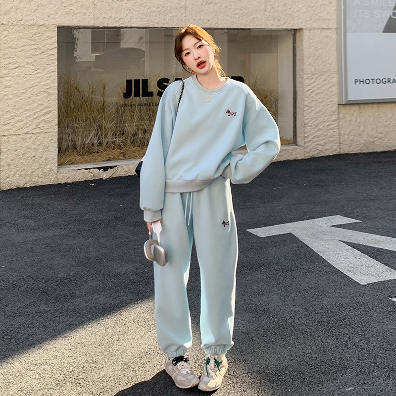 蓝色小狗刺绣运动休闲风卫衣套装女2026春季新款宽松阔腿裤两件套,女装/女士精品,时尚套装,淘宝优惠券,粉丝福利购,淘宝优惠卷