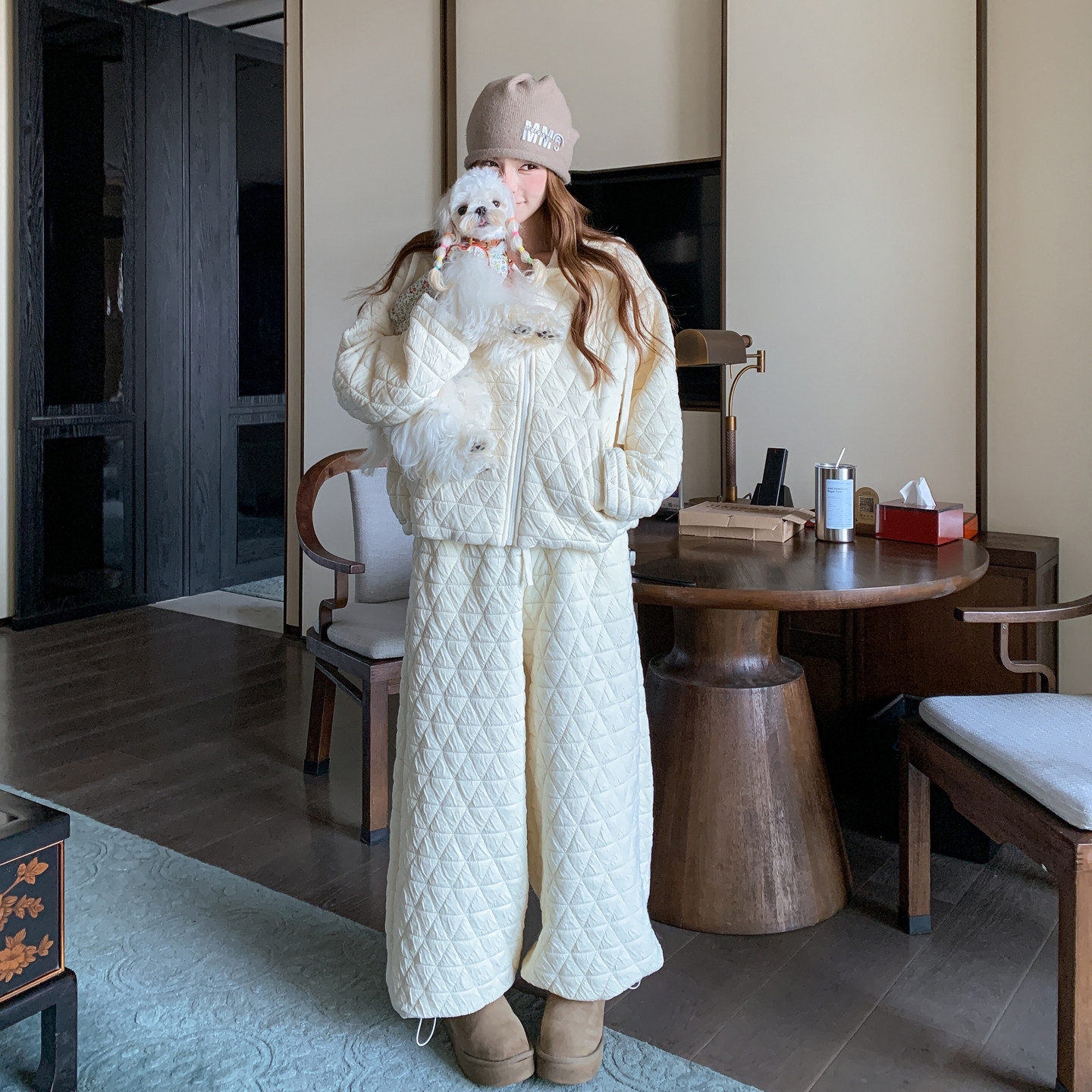 米白色菱形格加厚保暖连帽棉服套装女2025年冬季新款阔腿裤两件套
