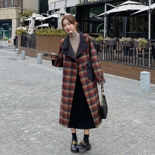 氛围感长款 新款 毛呢外套 格纹撞色双面呢大衣女2024冬季 设计感时尚