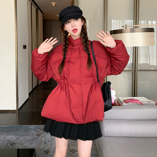 红色新中式国风盘扣羽绒服女2025冬新款小清新感复古减龄轻暖外套