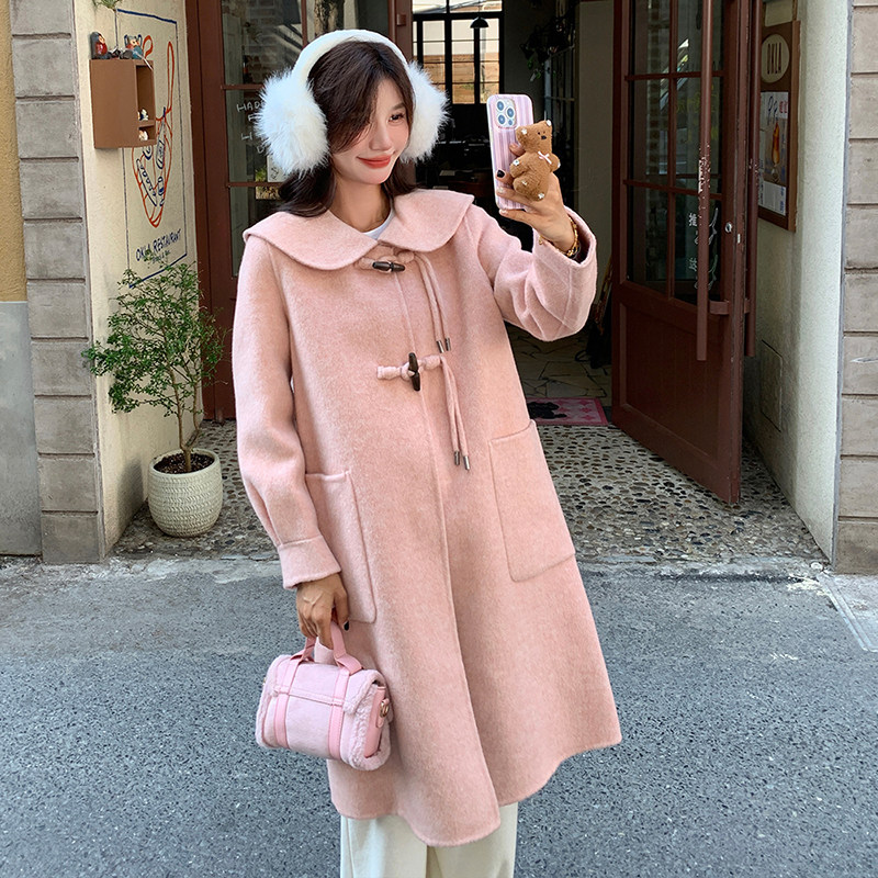粉色甜美减龄双面呢羊毛大衣女2025冬新款复古牛角扣长款毛呢外套