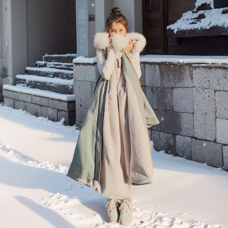 长款过膝派克服女2023年冬季加厚大毛领兔绒棉服工装大衣保暖外套