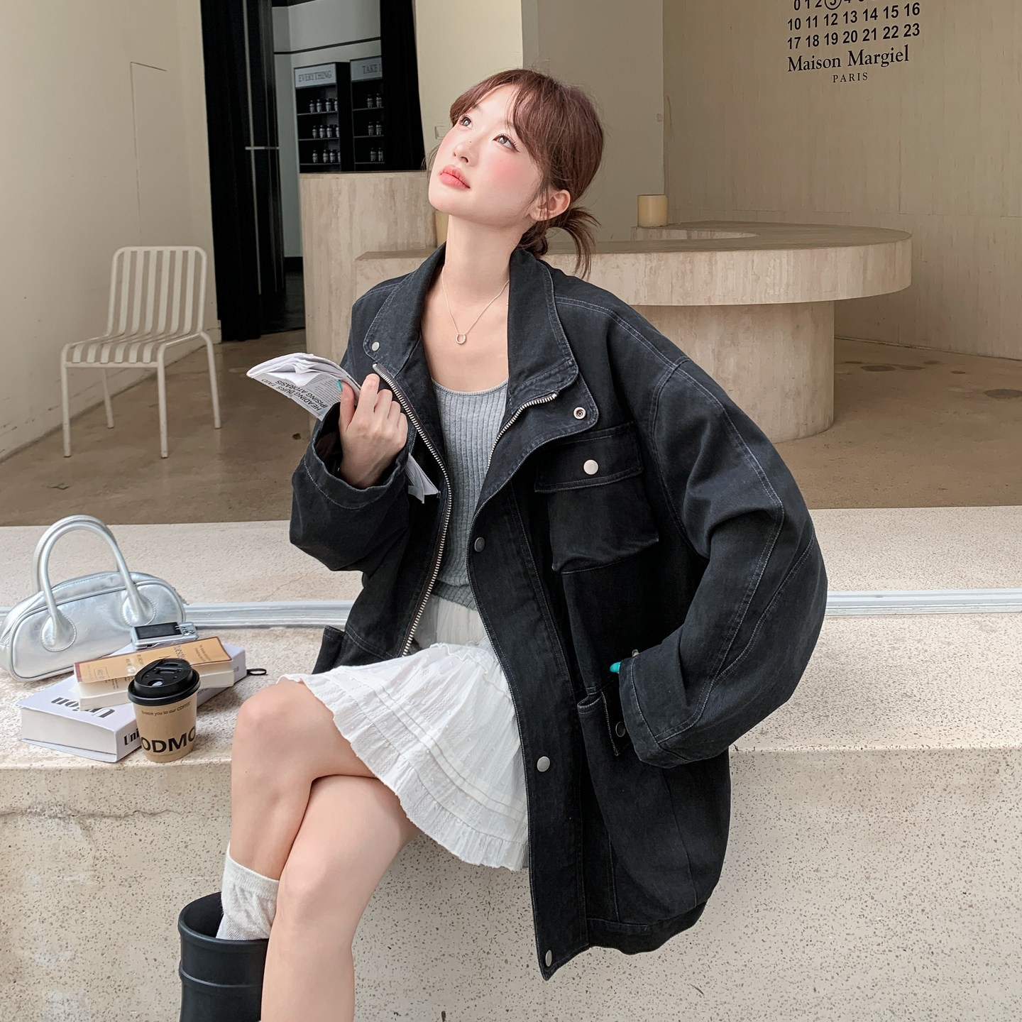 复古工装风水洗牛仔中长款外套