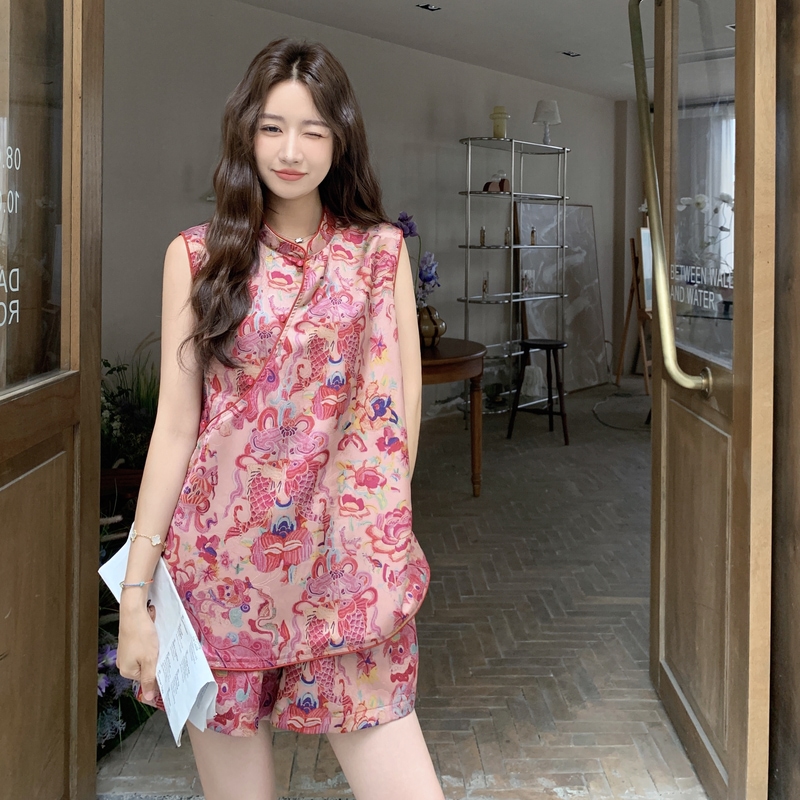 新中式国风套装女2025夏新款精致感改良旗袍领盘扣上衣短裤两件套
