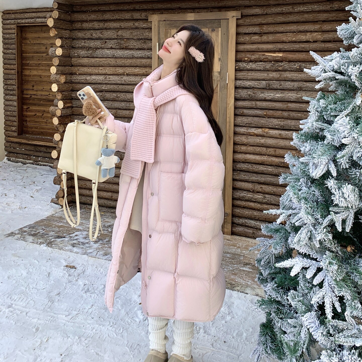 粉色甜美减龄90白鸭绒羽绒服女2025年冬季新款针织连帽长款面包服