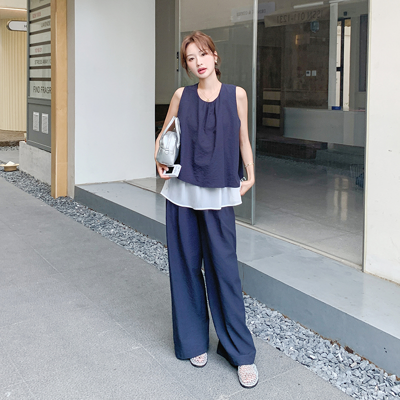 简约气质休闲度假风拼接上衣套装女2025夏季新款直筒阔腿裤两件套
