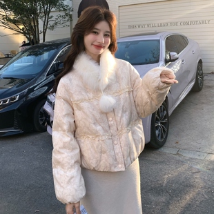 米白色巨好看木耳边拼接90白鸭绒羽绒服女2025冬新款超火爆款外套