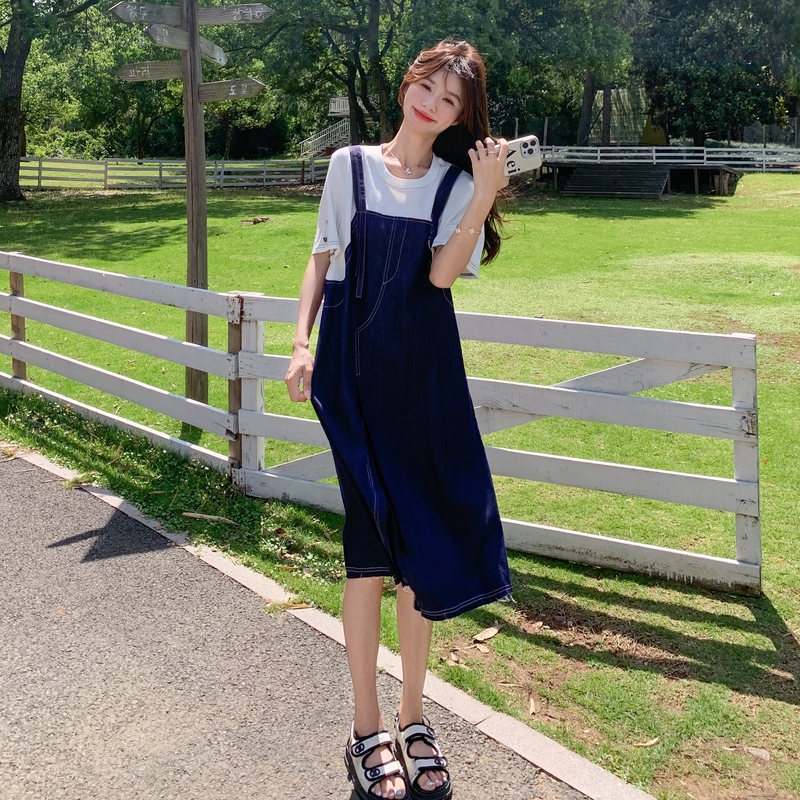 深蓝色小个子假两件拼接连衣裙女2025夏季新款时髦感洋气减龄长裙