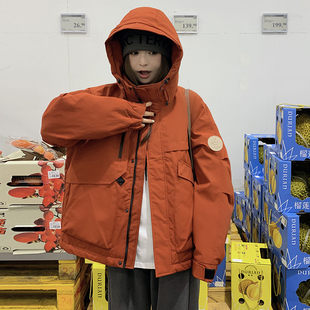 橘红色90白鸭绒冲锋衣连帽羽绒服女2025冬季新款甜酷防风保暖外套