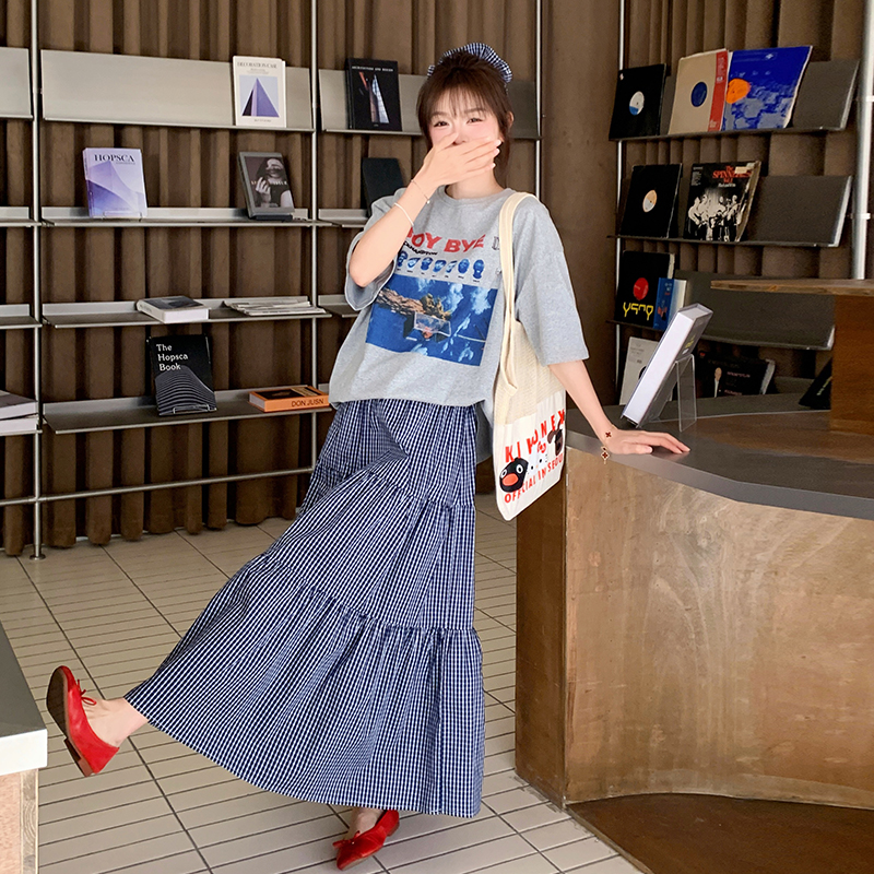 慵懒风休闲字母印花卫衣套装裙女2025夏新款复古格纹半身裙两件套