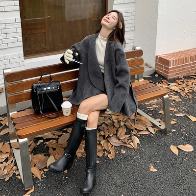 灰色设计感保暖双面呢羊毛大衣女高级感收腰毛呢外套短款双面羊绒