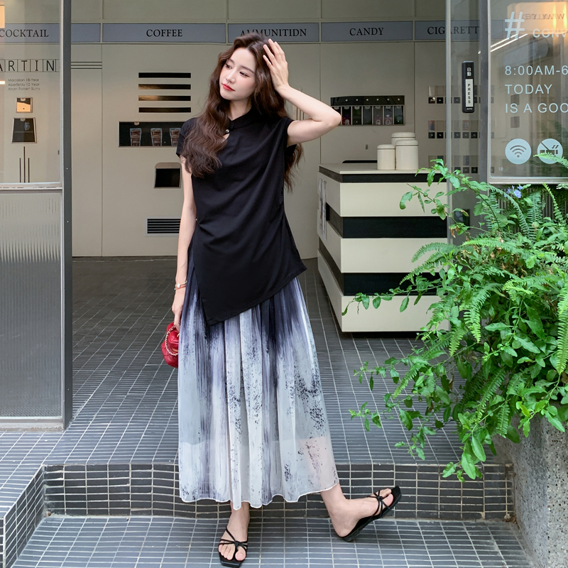 黑色新中式国风渐变套装裙女2025夏季新款不规则上衣半身裙两件套