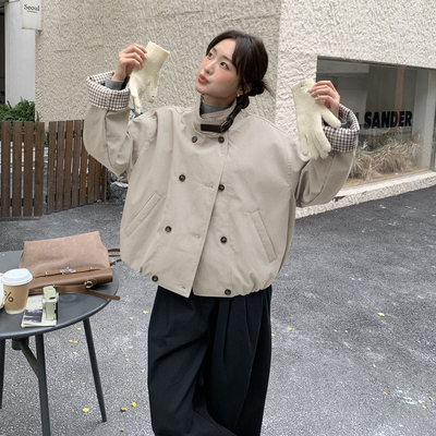 米灰色复古格子拼接短款羽绒服女2025冬新款韩系简约设计保暖外套