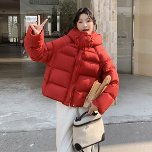 红色韩系气质超火减龄连帽外套女2025冬新款时尚保暖小个子羽绒服