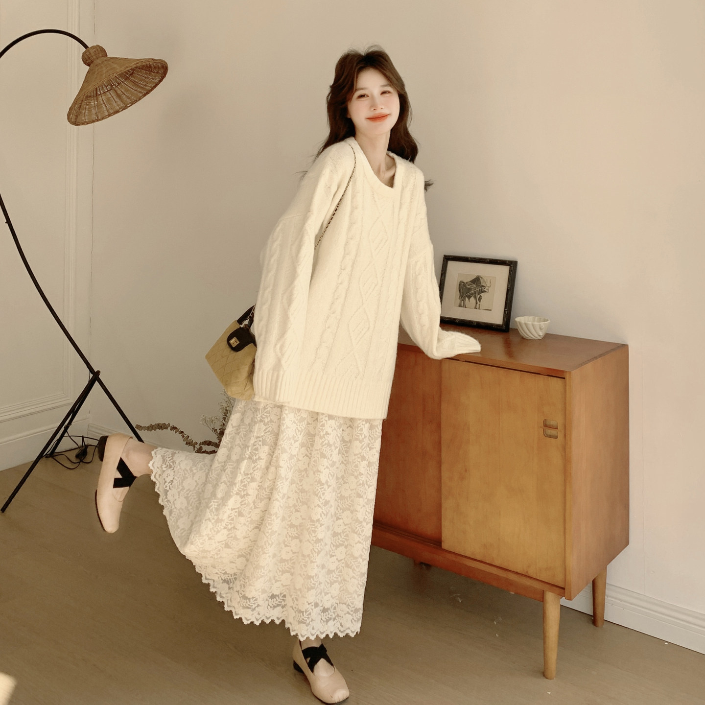 超好看的温柔风宽松毛衣套装裙女2026春新款蕾丝拼接背心裙两件套
