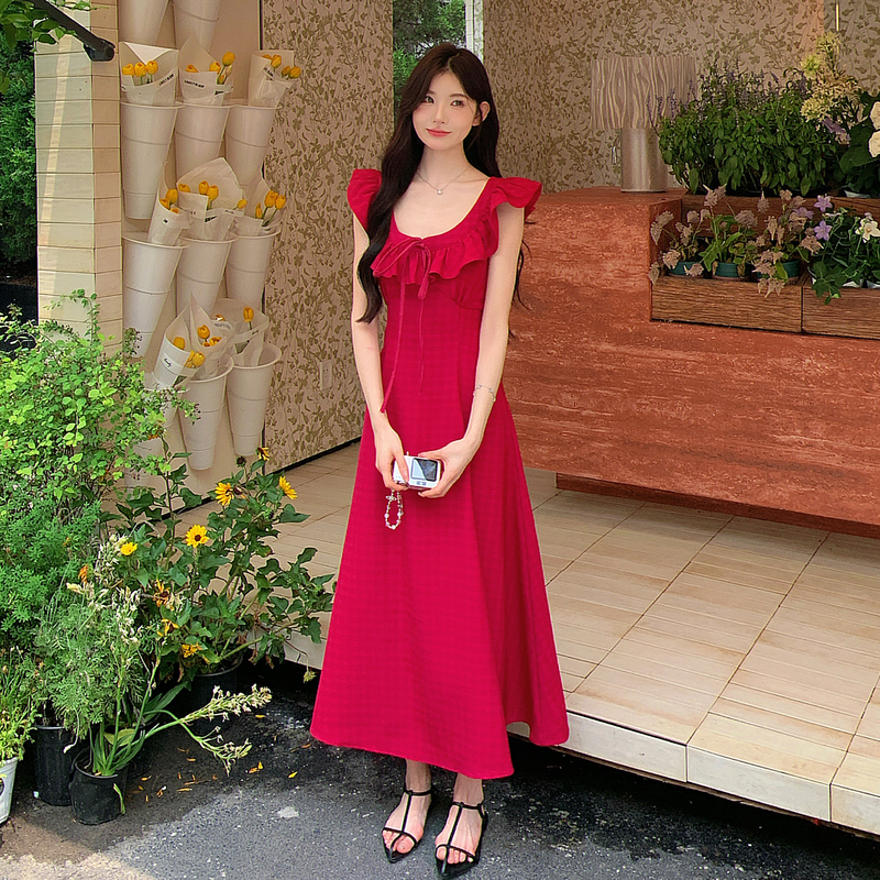 火龙果色法式复古格子连衣裙女2025新款木耳边拼接设计温柔风长裙