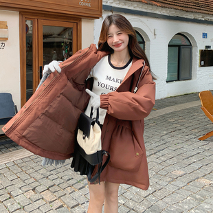 橘红色时髦超火减龄夹绒连帽外套女2025冬季新款白鹅绒保暖羽绒服