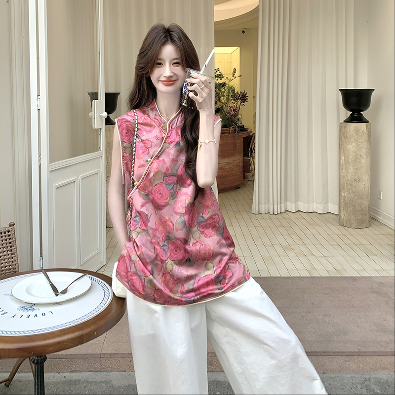 红色新中式国风复古盘扣印花上衣女2025夏新款超好看漂亮背心小衫