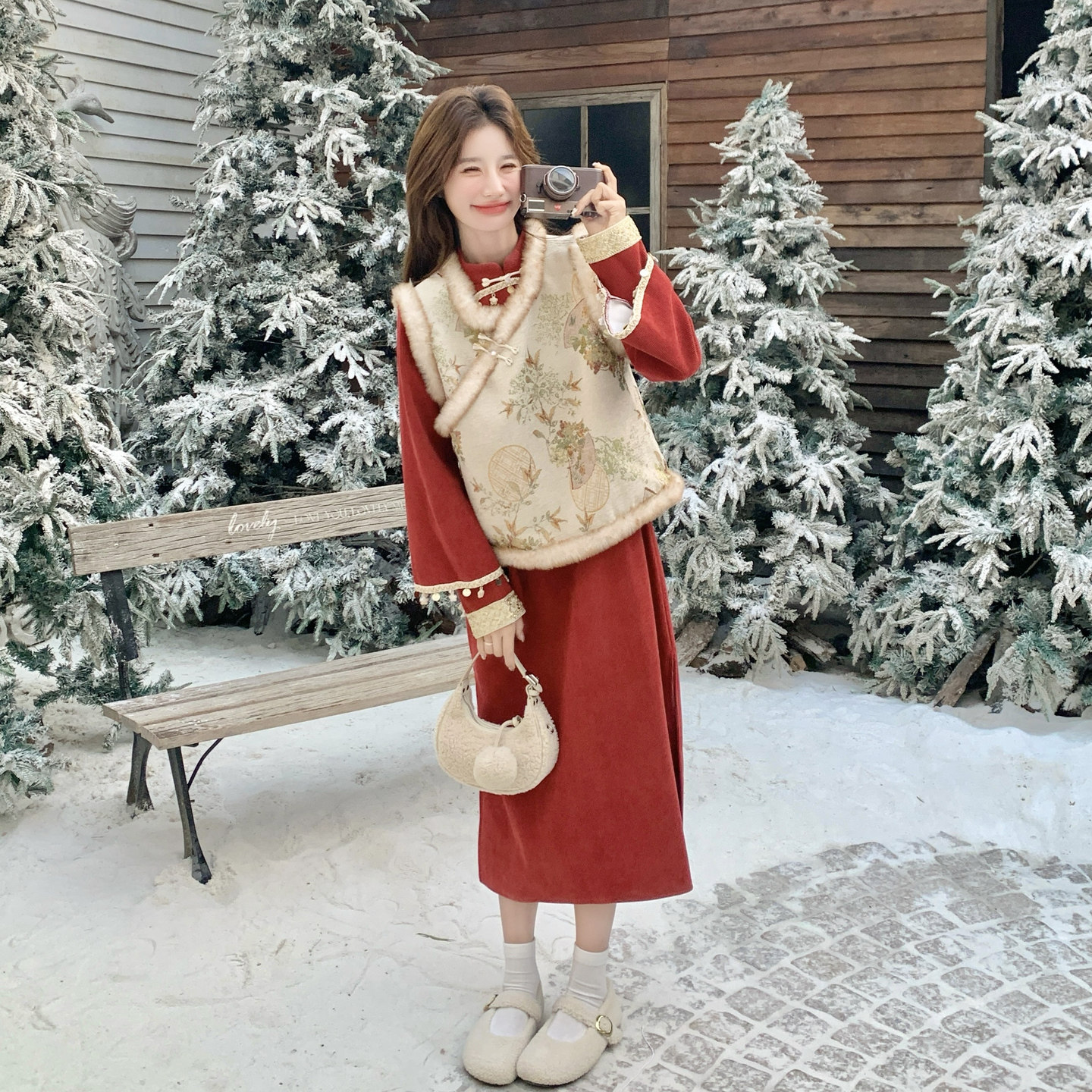 新中式国风加绒保暖马甲套装裙女冬季2025年新款连衣裙气质两件套