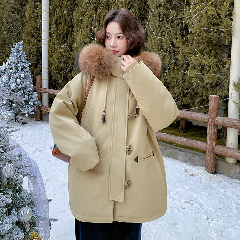 卡其色韩系阔版大毛领连帽羽绒服女2025年冬季新款90白鸭绒派克服