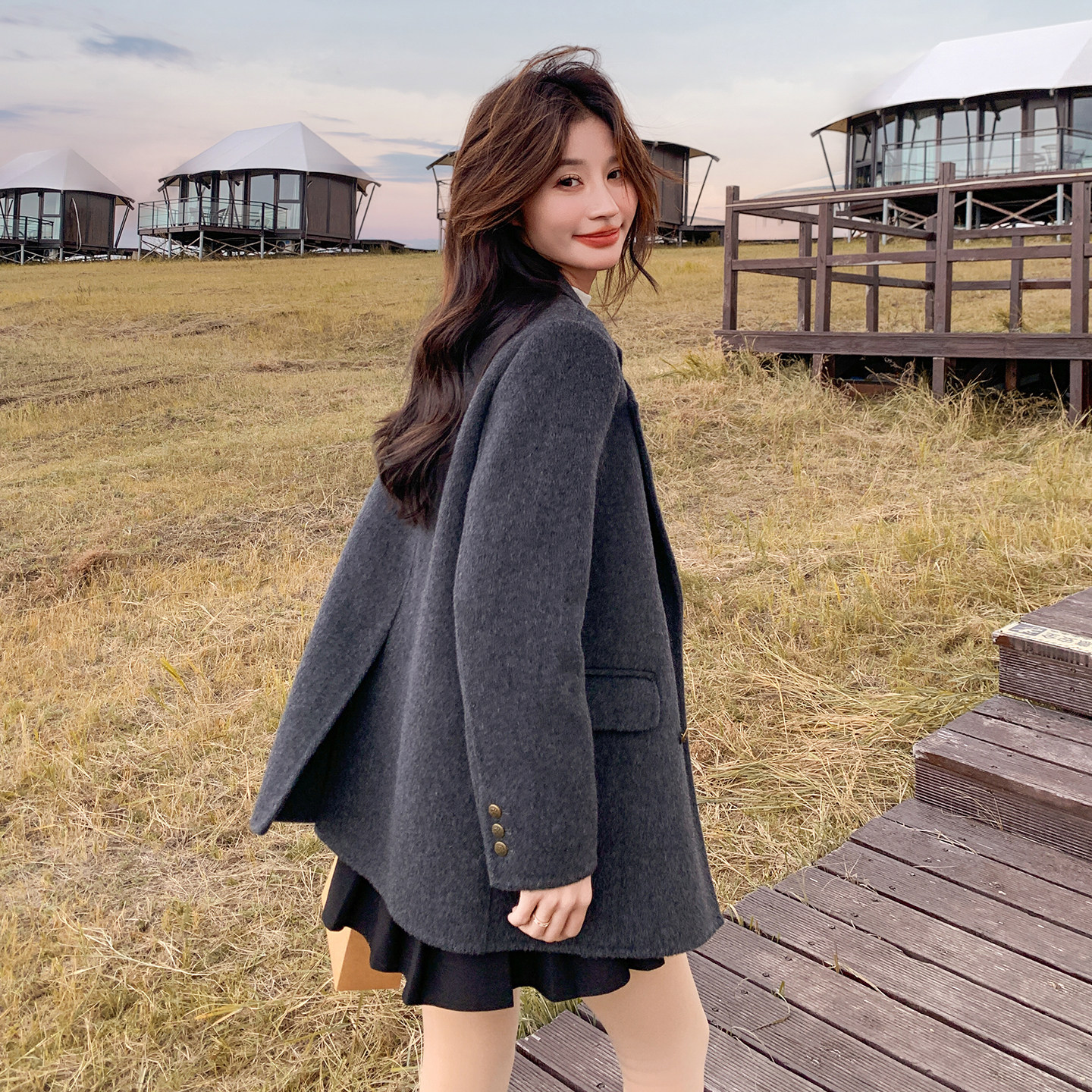 灰色韩系学院风小个子西装毛呢外套女2025冬季新款双面呢羊毛大衣