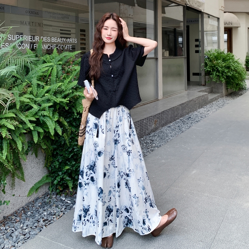 新中式国风套装女2025年夏季新款不规则流苏上衣印花阔腿裤两件套
