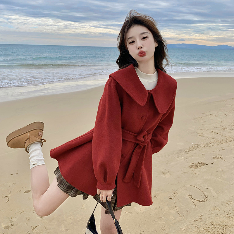 红色时尚高级感双面呢羊毛大衣女2025冬季新款减龄娃娃领毛呢外套