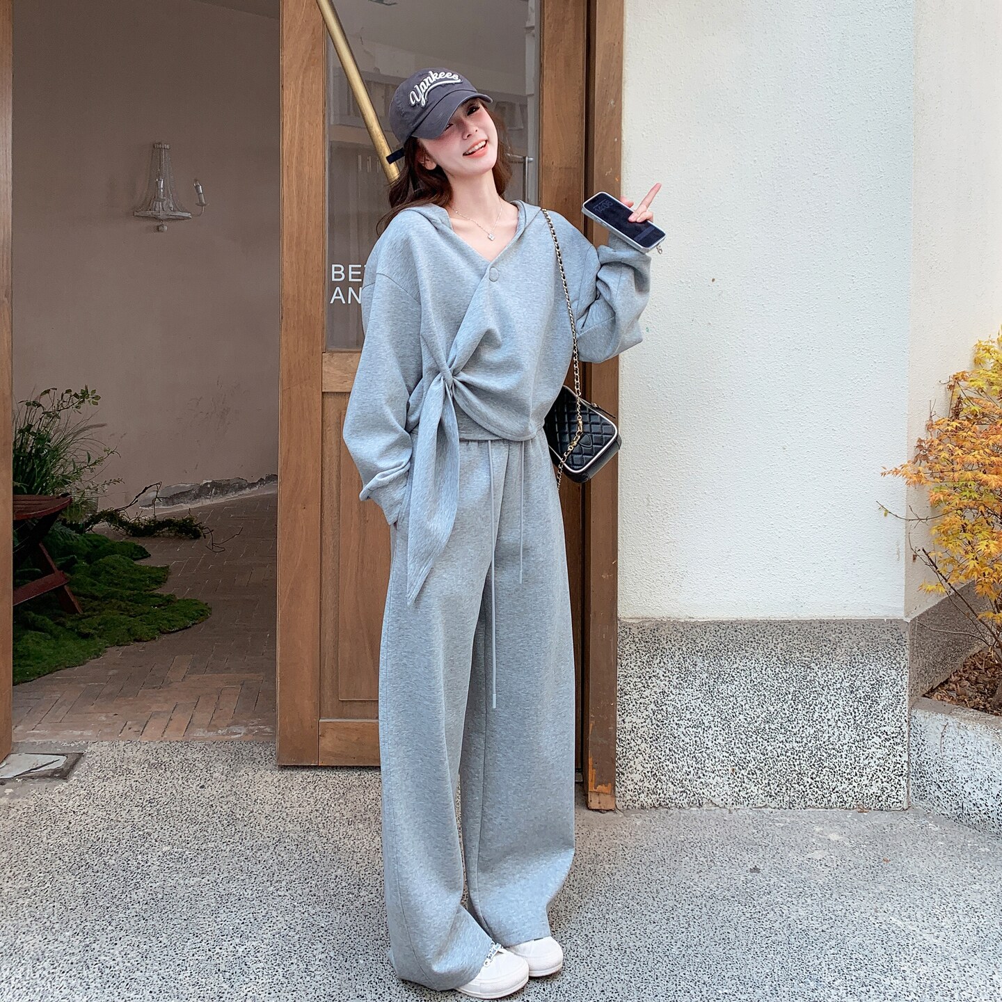 慵懒风系带收腰连帽卫衣套装