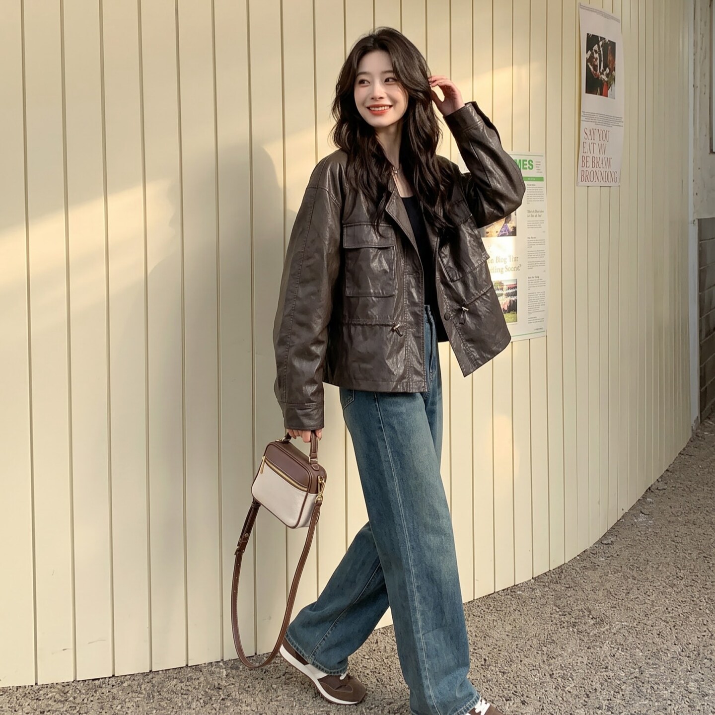 咖色韩系松弛感工装皮衣外套女