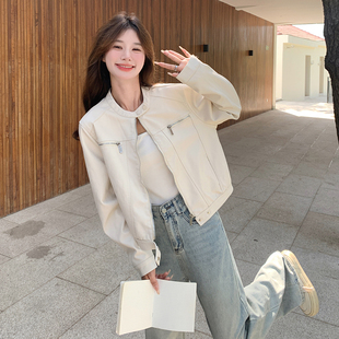 米白色帅气减龄短款皮衣外套女2026春季新款甜酷风超火炸街机车服