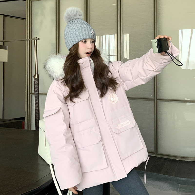 粉色韩版宽松大毛领连帽派克羽绒服女2025冬季新款90白鸭绒冲锋衣