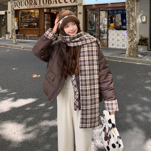 格纹拼接羽绒服女2025冬新款韩系chic氛围感加厚保暖90白鸭绒外套
